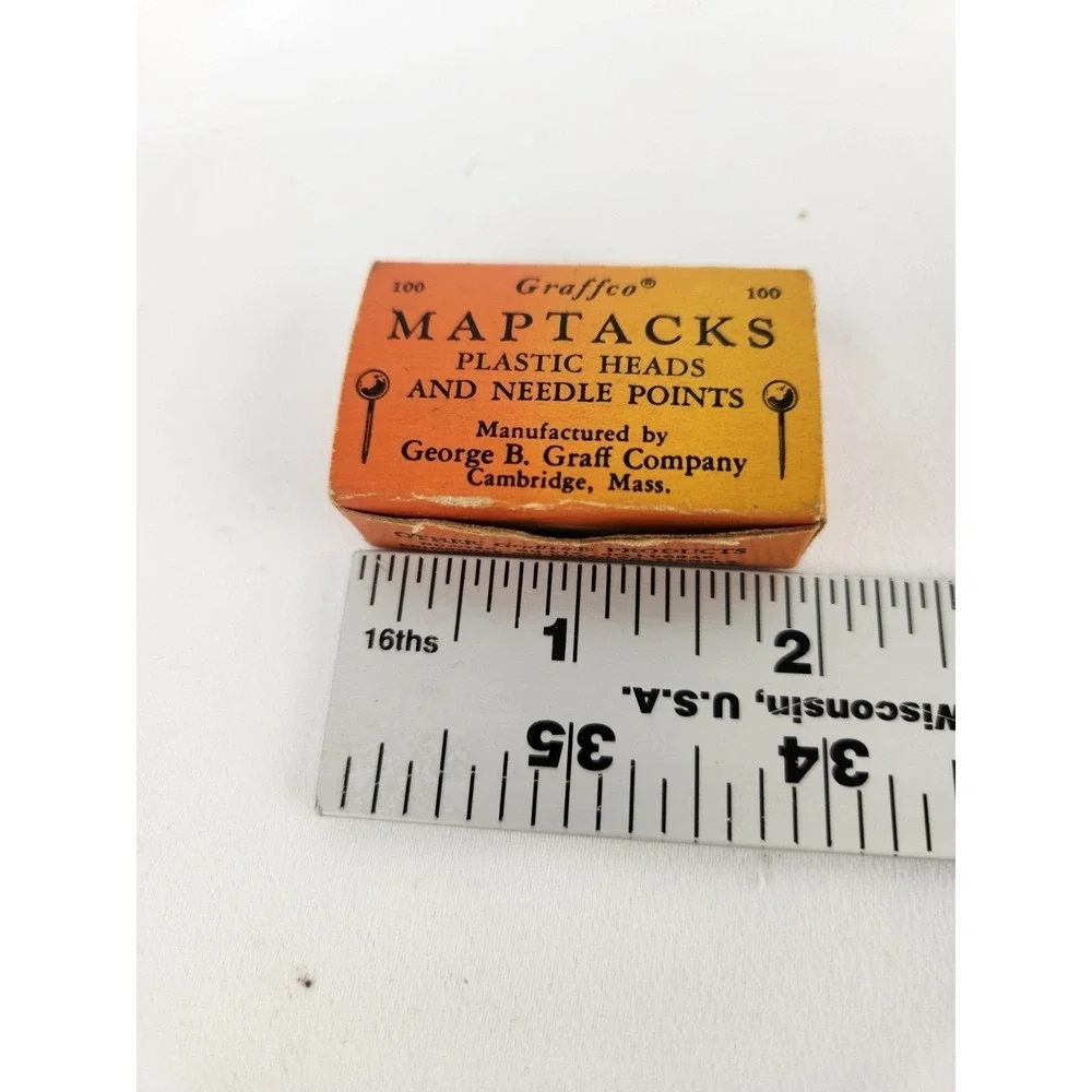 Vintage Graffco Map Tacks Box Plastic Heads Yellow Colors Somerville MA 1950s